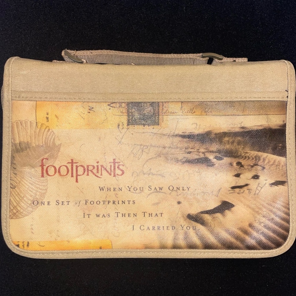Inspirio Canvas Tapestry Footprints Bible Cover Zipper Case Tan Handle 10”x7”